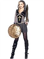 Female knight Joan of Arc, costume dress, faux leather, hood, cross